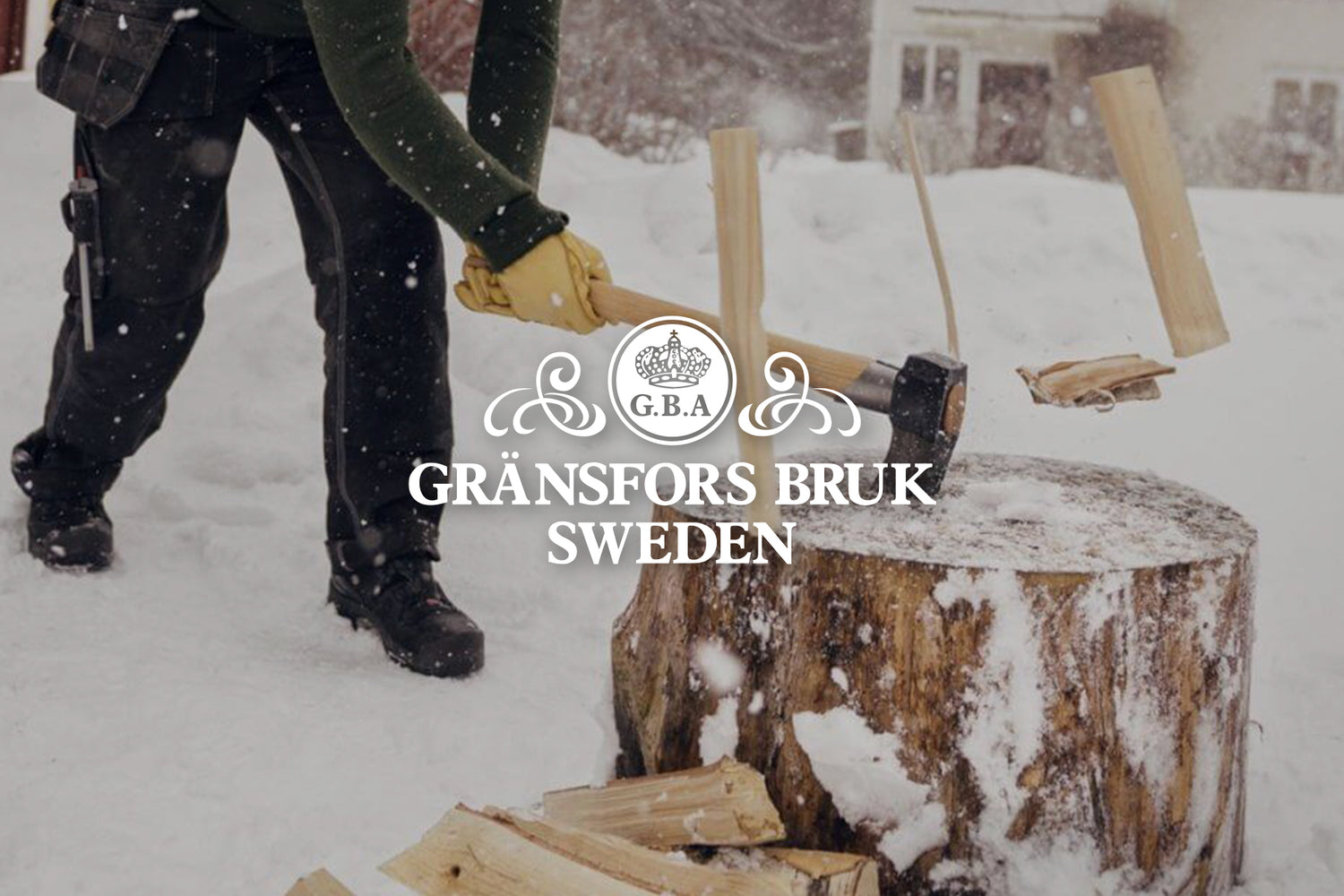 Gransfors Bruk Sweden logo on top of man chopping wood with axe