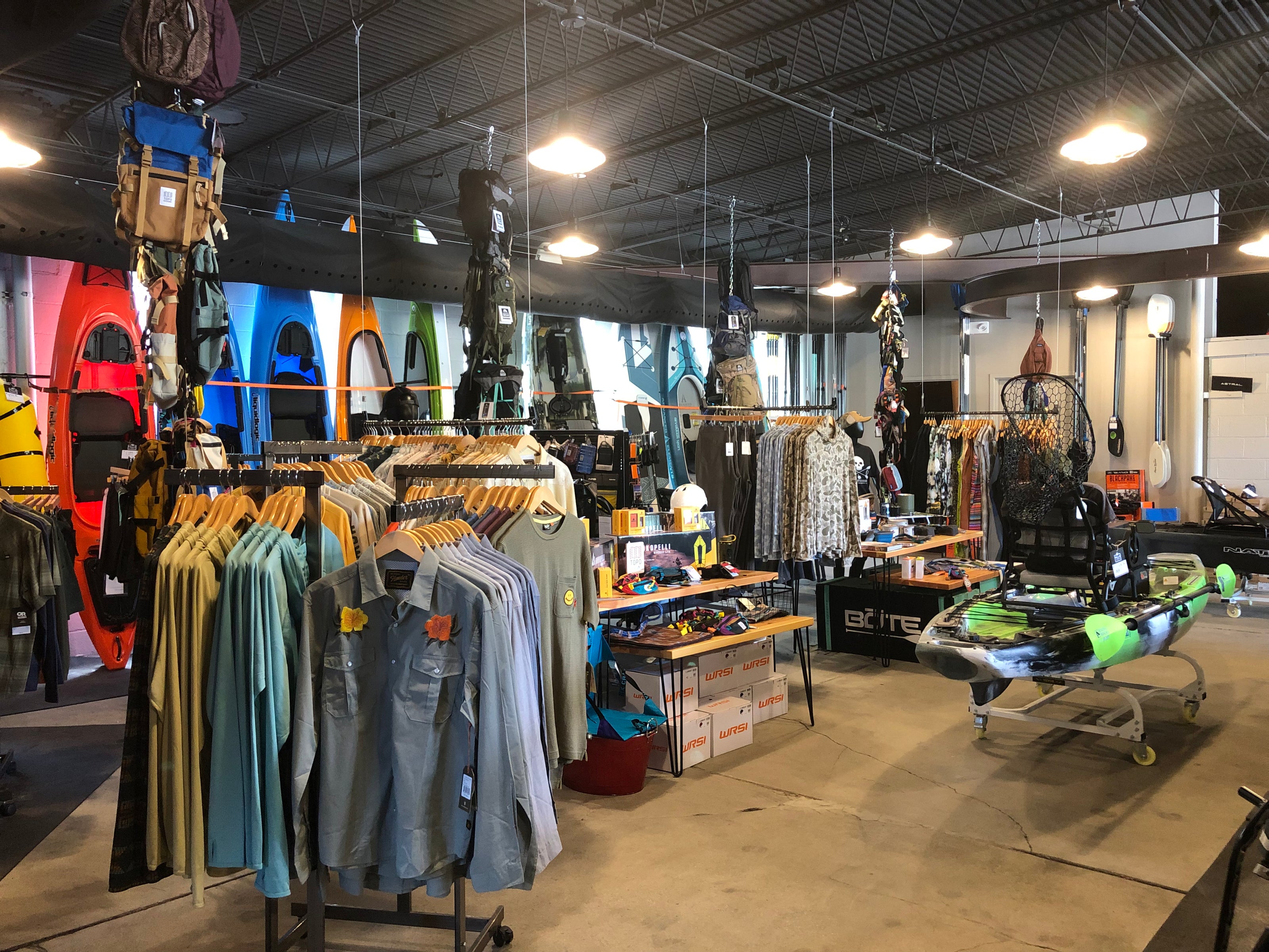 Kayaks and outdoor apparel in Falls Outdoor Company store in Cuyahoga Falls